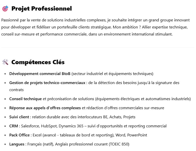 Projet professionnel et compétences clés proposées par Chat GPT