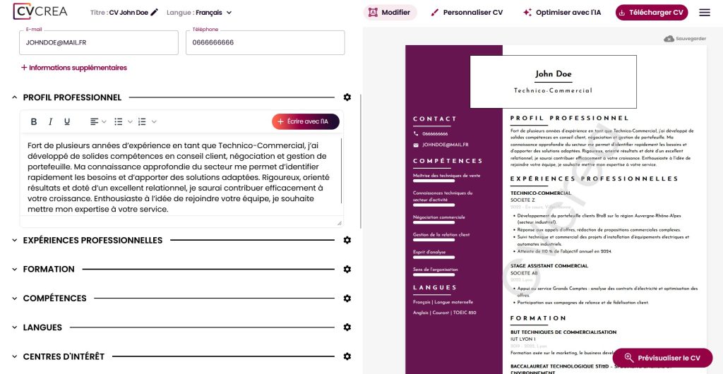 Ecrire son CV avec CV crea