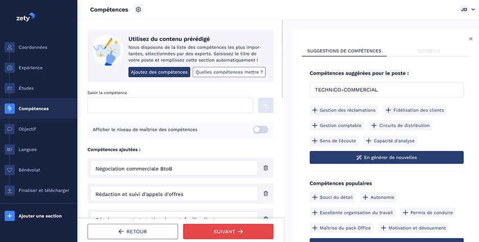 Zety - Suggestion des compétences