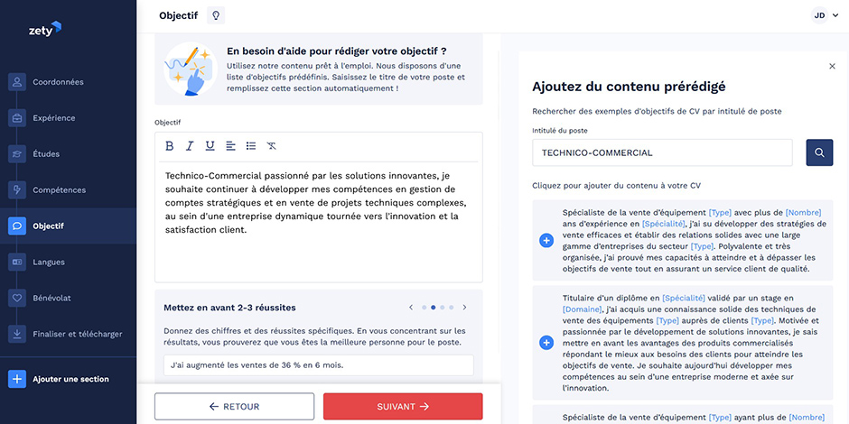 Zety - Suggestions d'objectifs